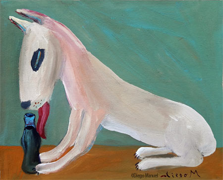 perrito que lame una coca cola. Pintura de la serie Animales y Plantas, de  Diego Manuel