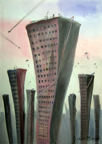Ciudad en brumas. Pintura de la serie Ciudades del futuro de Diego Manuel