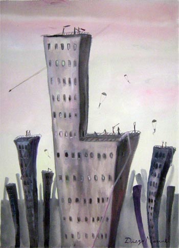 Ciudad gris 3. Pintura de la serie Ciudades del futuro de Diego Manuel