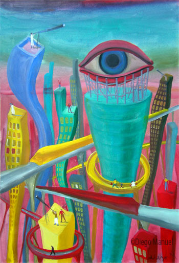 Ciudad y ojo. Pintura de la serie Ciudades del futuro de Diego Manuel