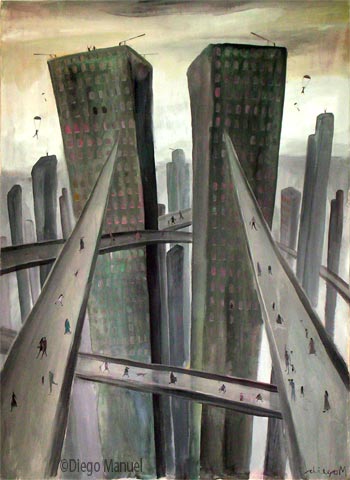 Dos torres . Pintura de la serie Ciudades del futuro de Diego Manuel