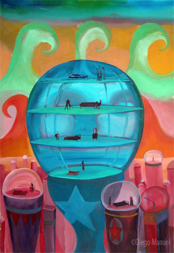 Esfera azul. Pintura de la serie Ciudades del futuro de Diego Manuel