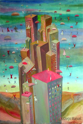 Los paraicaidistas. Pintura de la serie Ciudades del futuro de Diego Manuel