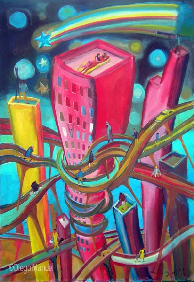 noche enamorada 5. Pintura de la serie Ciudades del futuro de Diego Manuel