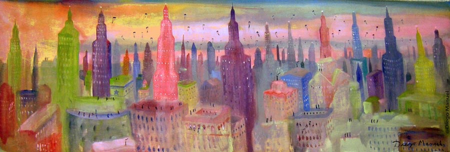 Panoramica de la ciudad . Pintura de la serie Ciudades del futuro de Diego Manuel