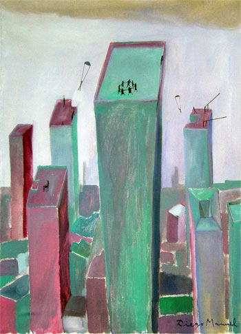 Ciudad gris 2. Pintura de la serie Ciudades del futuro de Diego Manuel