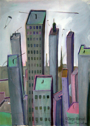 Ciudad gris . Pintura de la serie Ciudades del futuro de Diego Manuel