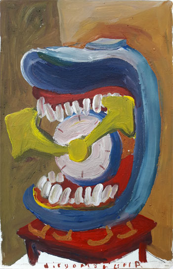 reloj con dientes 2(clock with teeth 2 ), acrylic on peper, 28 x 18 cm. , 2004. 