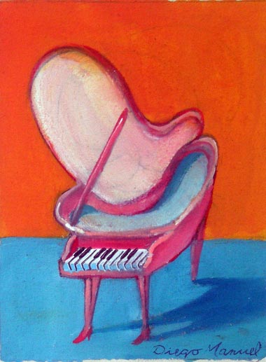 Pink piano 5 , acrylic on canvas, 13 x 17 cm. year 2014, pintura de la Serie Piano del artista Diego Manuel