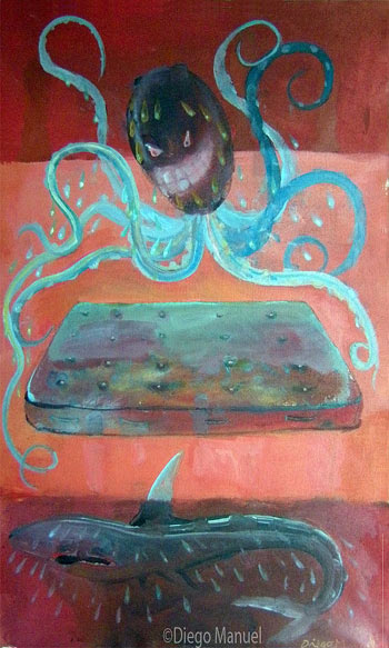 Pulpo y tiburon, painting pop surrealism