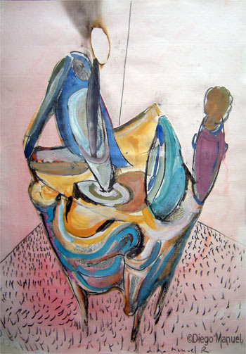 mesa loca, tecnica mixta sobre papel, 25 x 35 cm. 1998 