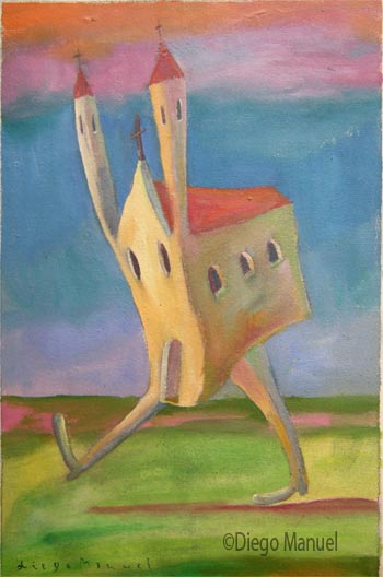 iglesia caminando,acrylic on canvas,30 x 20 cm year 2000