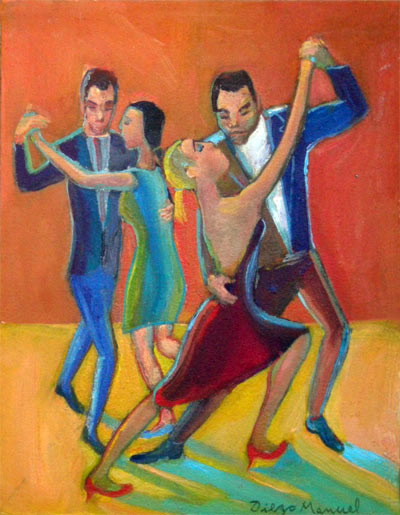Dos parejas (b). Pintura de la Serie Tango del artista Diego Manuel